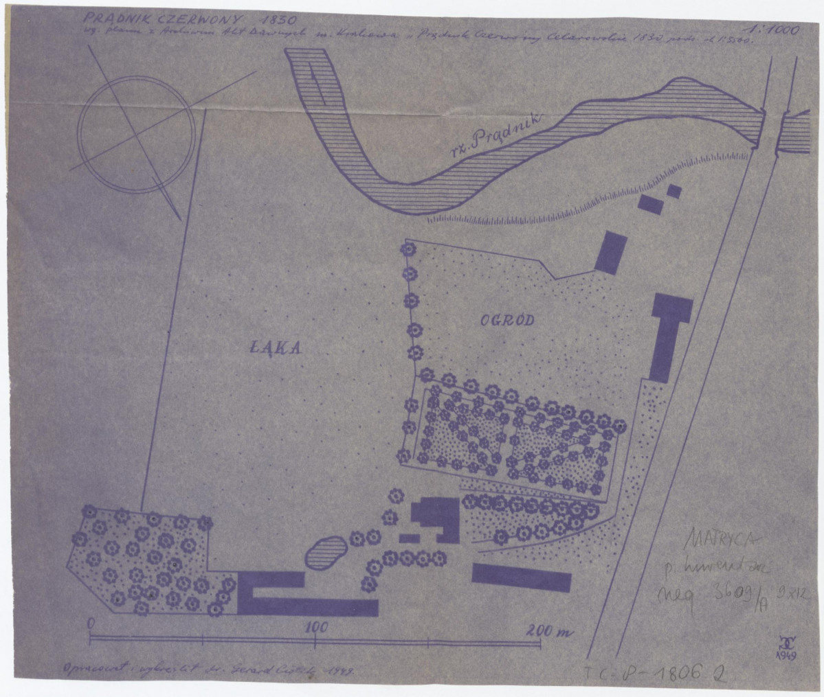 plan miejscowego ogrodu opracowanego przez G. Ciołka w 1949 r. na podstawie planów z AGAD miasta Krakowa z 1830 r.                                                                          , skan 1