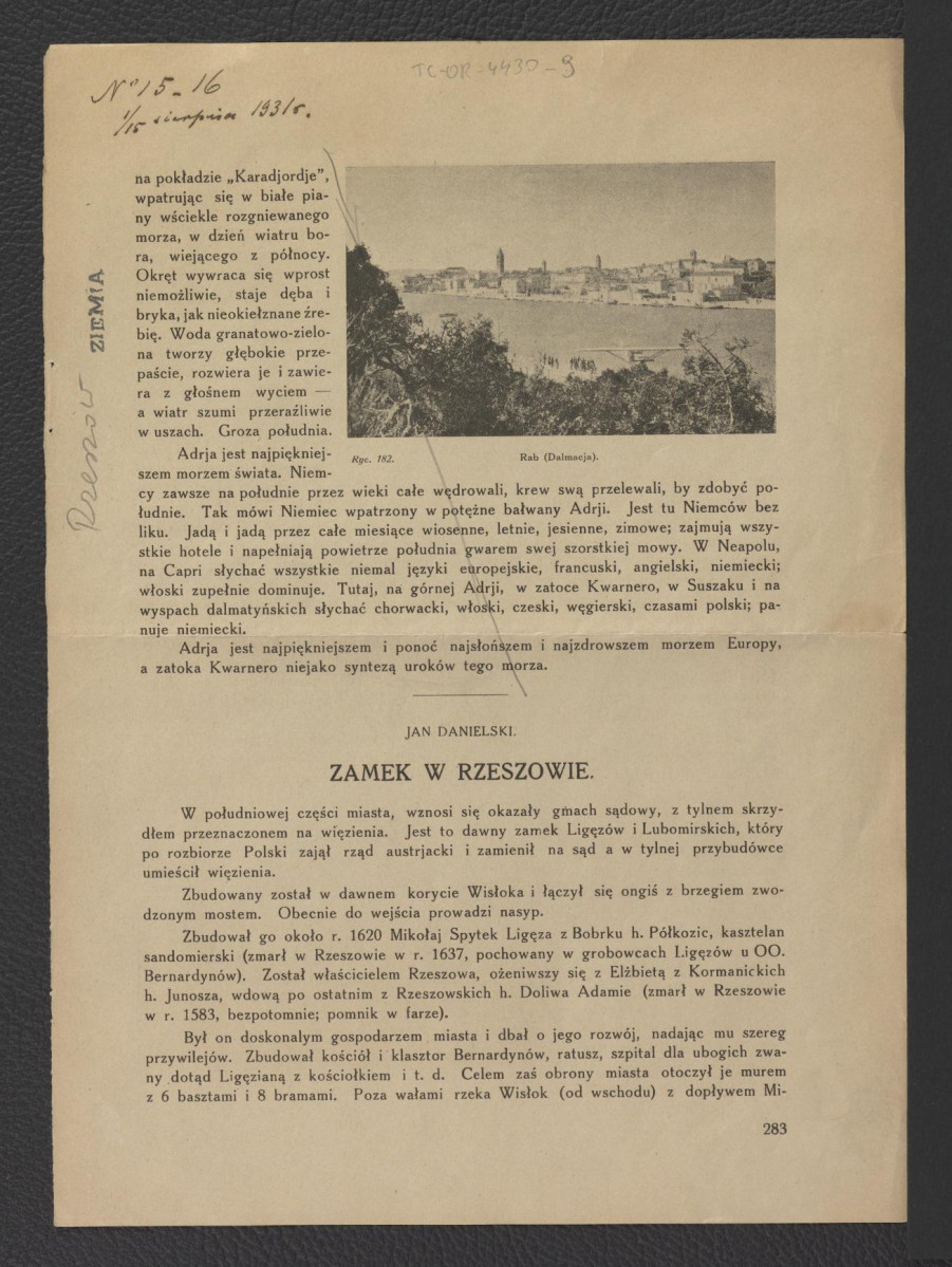 karta pochodząca z czasopisma „Ziemia” nr 15-16 (sierpień 1931) zawierająca tekst autorstwa Jana Danielskiego pt. Zamek w Rzeszowie (s. 283-284) oraz zawierająca dwie reprodukcje fotografii czarno-białej, skan 1