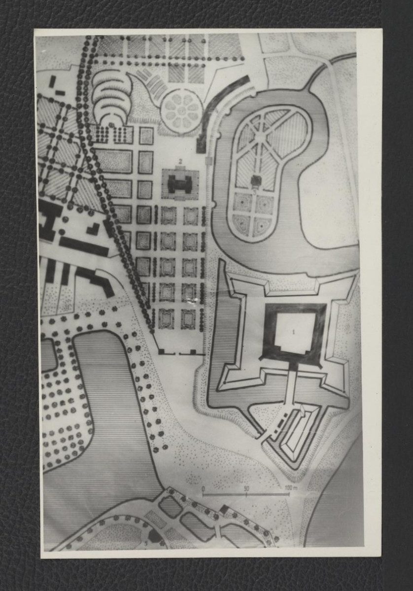 plan miejscowego zespołu ogrodów zamkowych w tej miejscowości w poł. XVIII w. wykonany najprawdopodobniej przez G. Ciołka + fotokopia                                   , skan 1