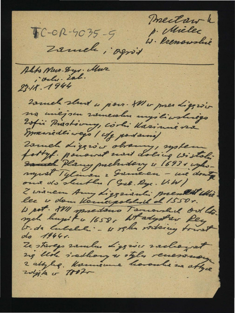 notatka na podstawie Akt Muzealnych Dyrekcji Muzeuów i Archiwum Zabytków z 23 marca 1944 r. dotyczący zamku wzniesionego z inicjatywy Ligęzów na początku XVI w. przebudowany przez Tylmana z Gameren  oraz parku z 1805 r.; dwie karty , skan 1