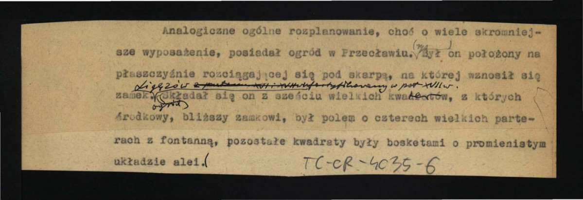 wypis na podstawie Makowiecki T., Archiwum planów Tylmana z Gameren, architekta epoki Sobieskiego, Warszawa 1938 dotyczący rozplanowania miejscowego ogrodu , skan 1