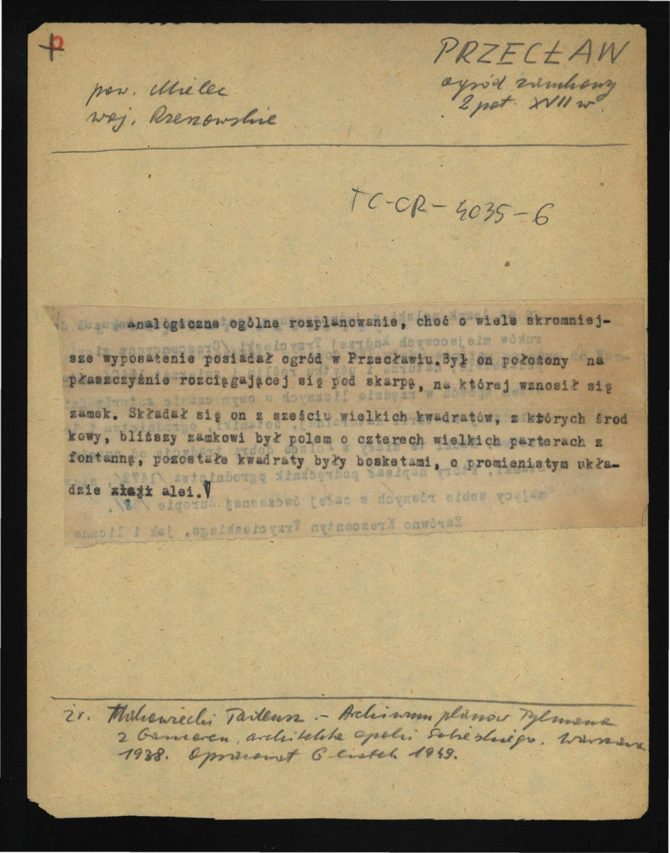 wypis na podstawie Makowiecki T., Archiwum planów Tylmana z Gameren, architekta epoki Sobieskiego, Warszawa 1938 dotyczący rozplanowania miejscowego ogrodu , skan 2