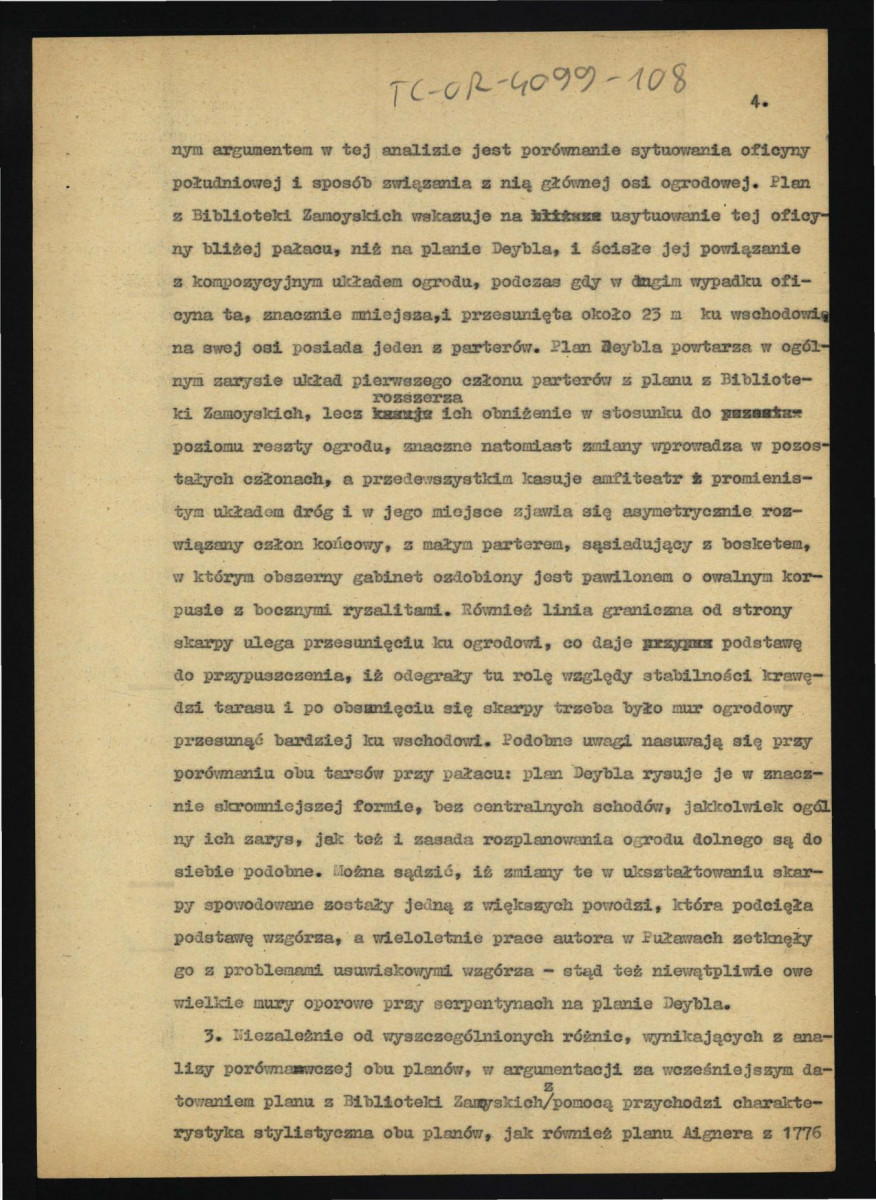 referat, artykuł lub notatka autorska G. Ciołka pt. Najstarszy plan rezydencji puławskiej dotyczący planu odnalezionego podczas przygotowań do obchodów 150-lecia Muzeum w Puławach , skan 4