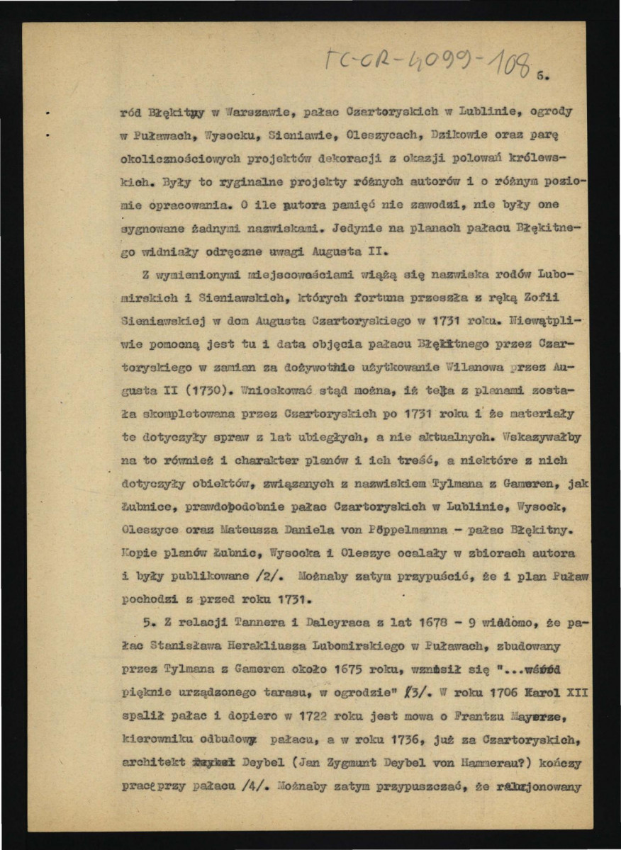 referat, artykuł lub notatka autorska G. Ciołka pt. Najstarszy plan rezydencji puławskiej dotyczący planu odnalezionego podczas przygotowań do obchodów 150-lecia Muzeum w Puławach , skan 6