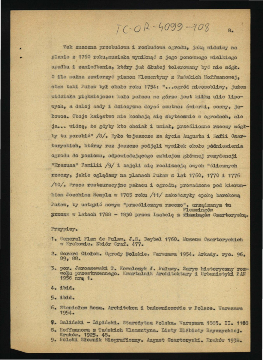 referat, artykuł lub notatka autorska G. Ciołka pt. Najstarszy plan rezydencji puławskiej dotyczący planu odnalezionego podczas przygotowań do obchodów 150-lecia Muzeum w Puławach , skan 8