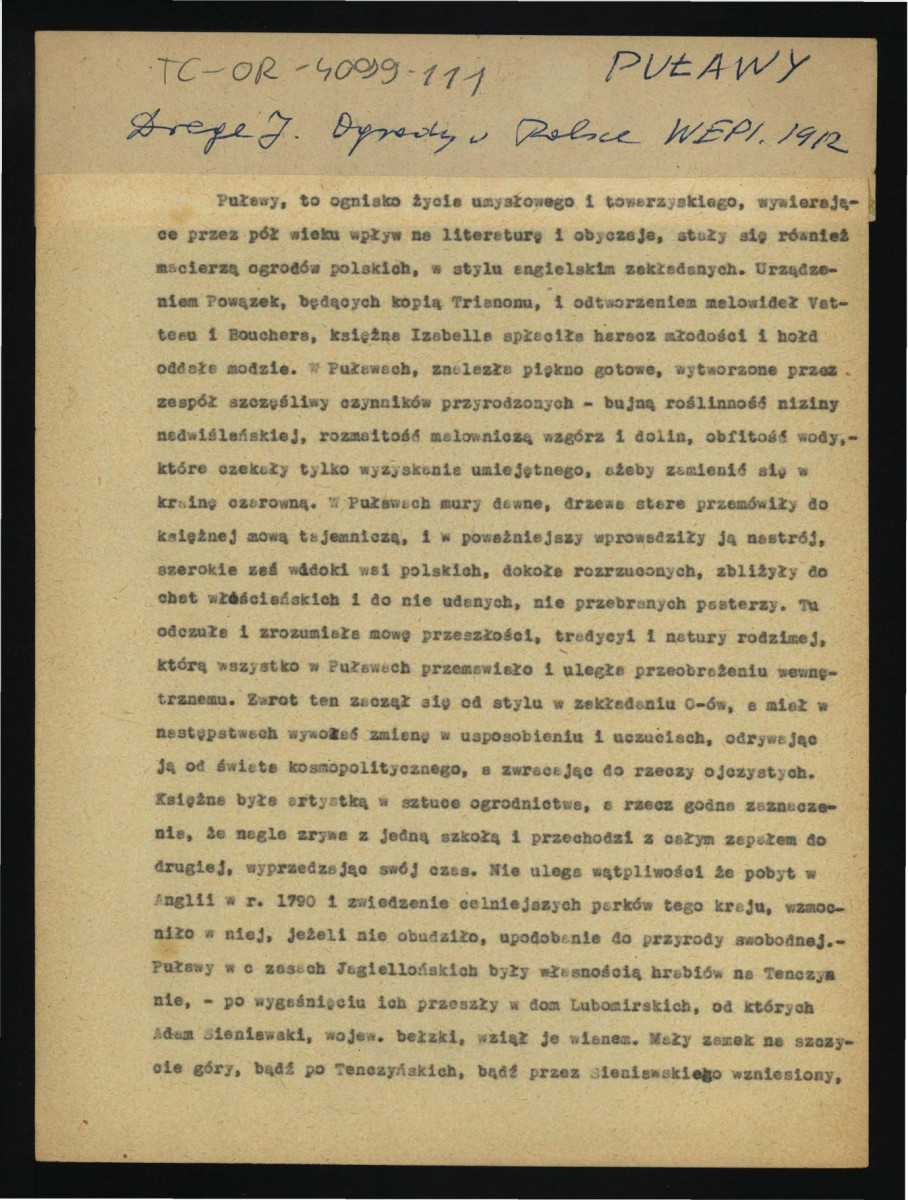 wypis z Drege J., Ogrody w Polsce w: Wielka Encyklopedya Powszechna Ilustrowana, t. IV, Warszawa 1904 dotyczący charakteru założenia ogrodowego zarówno w podwarszawskiej wioscę Powązki jak i w tej miejscowości , skan 1