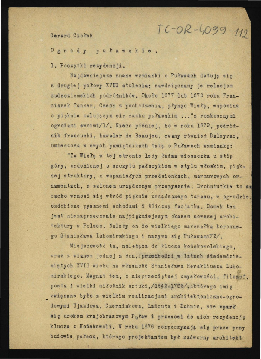 fragment tekstu G. Ciołka dotyczący miejscowych ogrodów zarówno w podwarszawskiej wioscę Powązki jak i ich dziejów, właścicieli oraz charakteru miejscowej rezydencji; dwie karty , skan 1