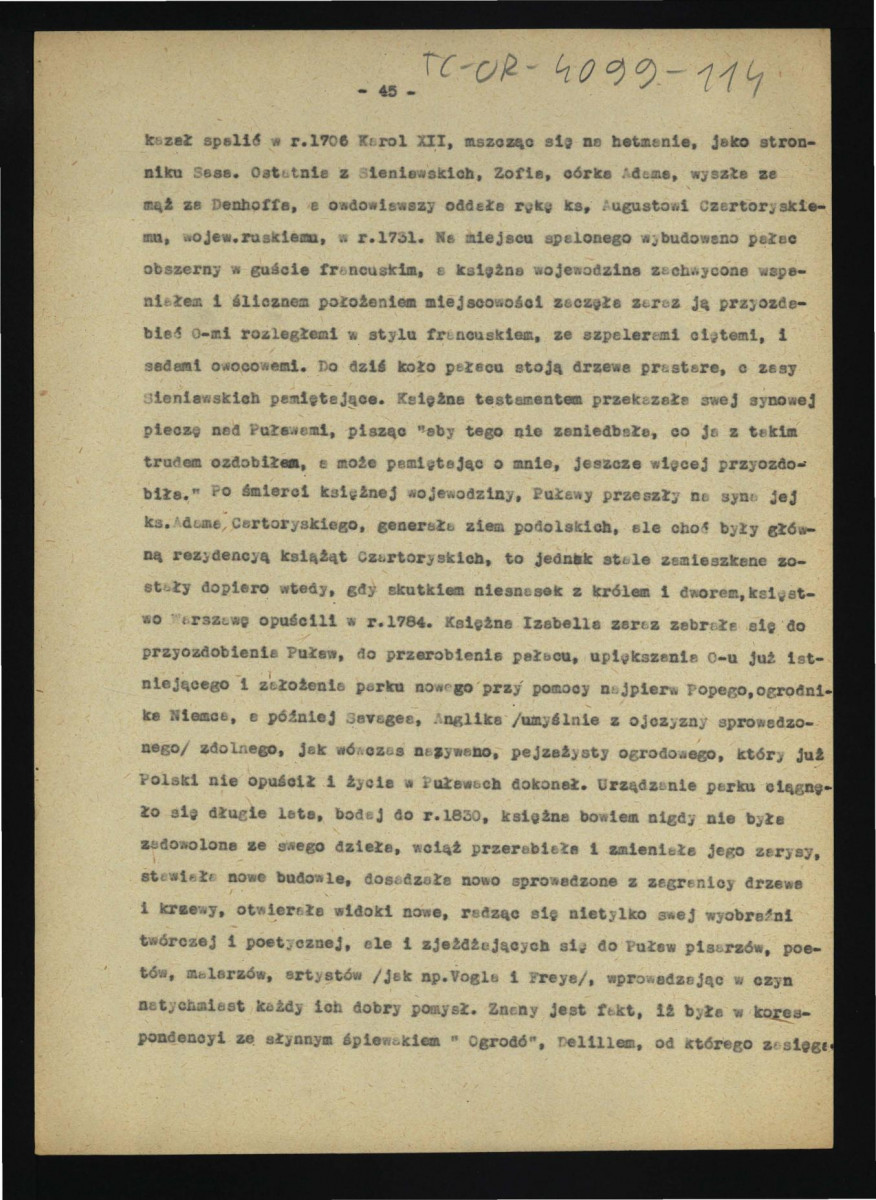 fragment tekstu dotyczący dziejów oraz urządzenia dóbr w w tej miejscowości; być może część tekstu Dębicki L., Puławy: monografia z życia towarzyskiego, politycznego i literackiego, Lwów 1887, s. 45-54; dziesięć kart; błąd w numeracji: karta 48 występuje dwukrotnie na różnych kartach , skan 1
