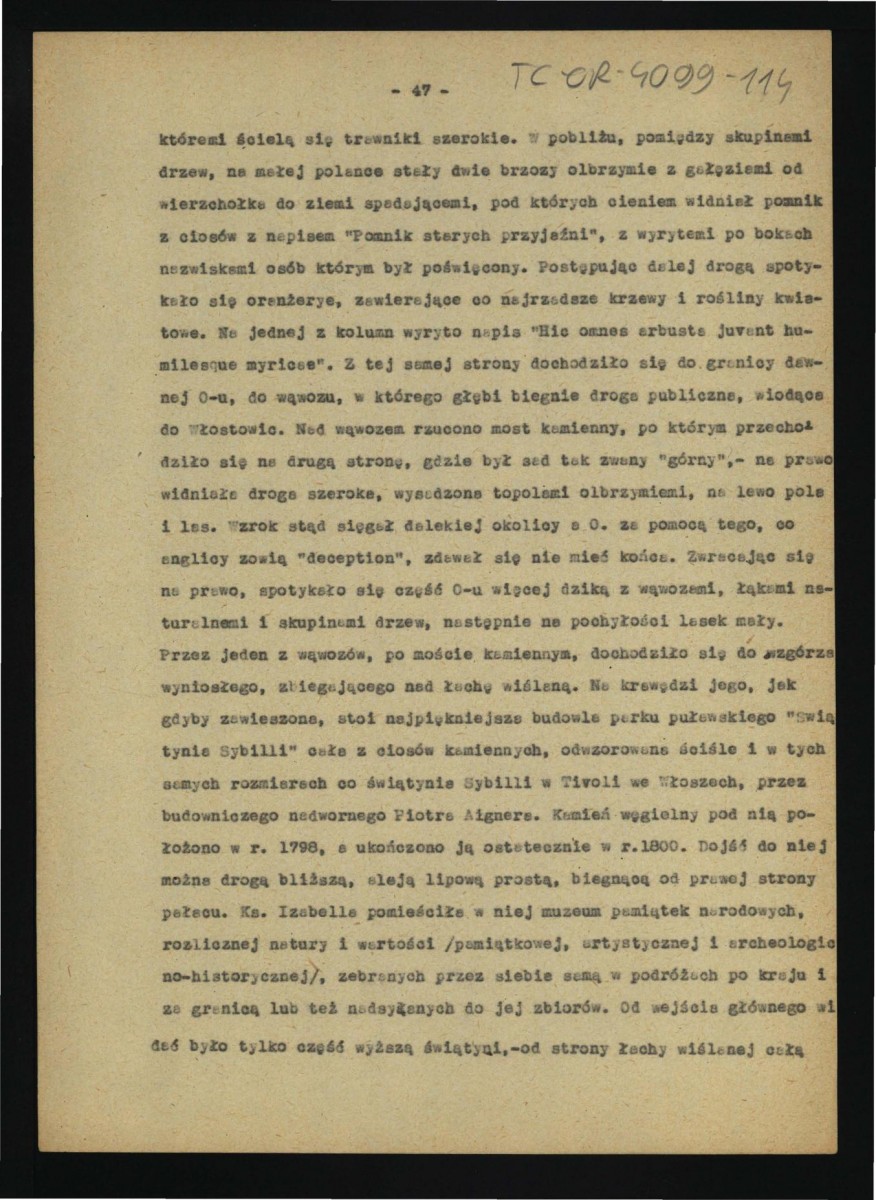 fragment tekstu dotyczący dziejów oraz urządzenia dóbr w w tej miejscowości; być może część tekstu Dębicki L., Puławy: monografia z życia towarzyskiego, politycznego i literackiego, Lwów 1887, s. 45-54; dziesięć kart; błąd w numeracji: karta 48 występuje dwukrotnie na różnych kartach , skan 3