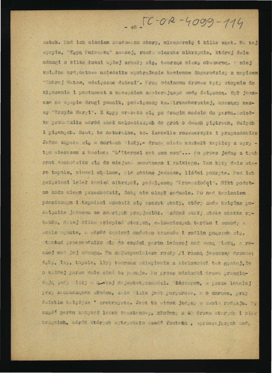 fragment tekstu dotyczący dziejów oraz urządzenia dóbr w w tej miejscowości; być może część tekstu Dębicki L., Puławy: monografia z życia towarzyskiego, politycznego i literackiego, Lwów 1887, s. 45-54; dziesięć kart; błąd w numeracji: karta 48 występuje dwukrotnie na różnych kartach , skan 5
