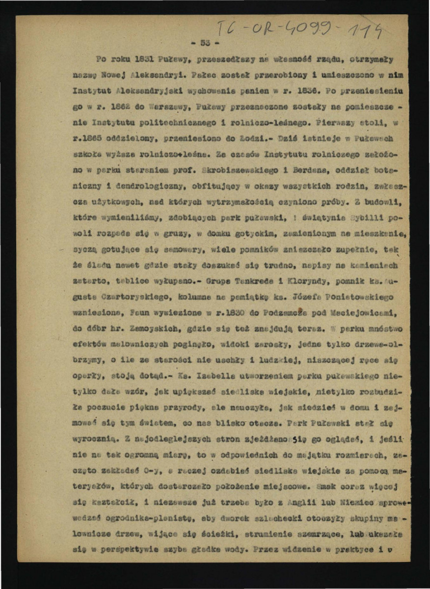 fragment tekstu dotyczący dziejów oraz urządzenia dóbr w w tej miejscowości; być może część tekstu Dębicki L., Puławy: monografia z życia towarzyskiego, politycznego i literackiego, Lwów 1887, s. 45-54; dziesięć kart; błąd w numeracji: karta 48 występuje dwukrotnie na różnych kartach , skan 9