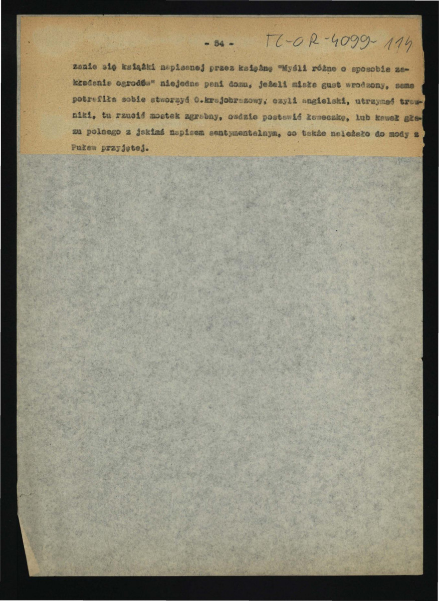 fragment tekstu dotyczący dziejów oraz urządzenia dóbr w w tej miejscowości; być może część tekstu Dębicki L., Puławy: monografia z życia towarzyskiego, politycznego i literackiego, Lwów 1887, s. 45-54; dziesięć kart; błąd w numeracji: karta 48 występuje dwukrotnie na różnych kartach , skan 10