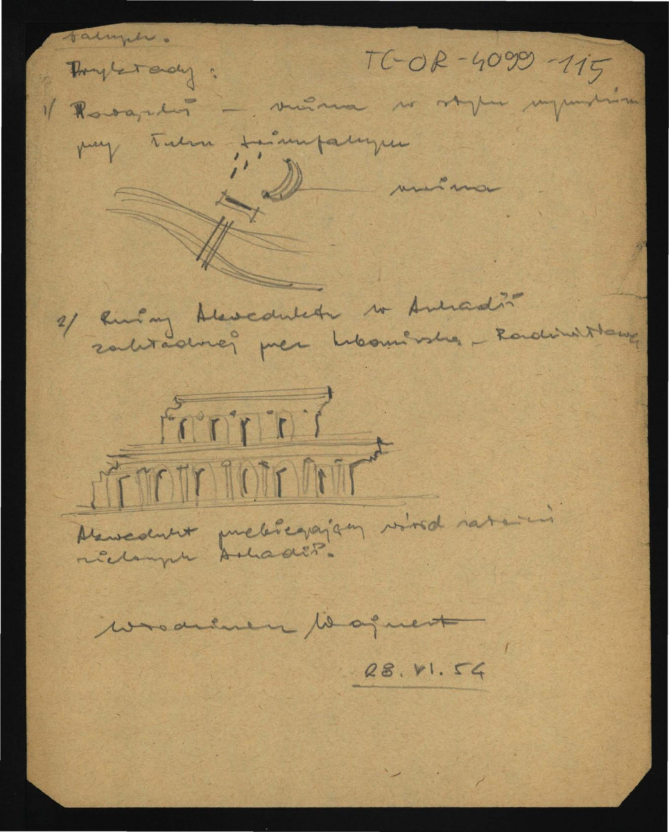 notatka wraz ze szkicowymi rysunkami ruin posesji w Powązkach, akweduktu w Arkadii z 28 czerwca 1954 r. , skan 1