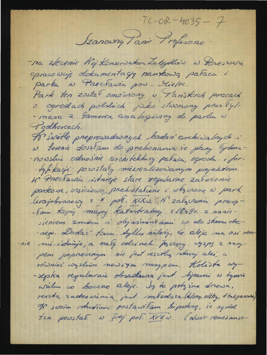 list nieznanego autora (podpis nieczytelny) do G. Ciołka dotyczący hipotezy o wpływach szkoły holenderskiej na miejscowe założenie ogrodowe w tej miejscowości , skan 1