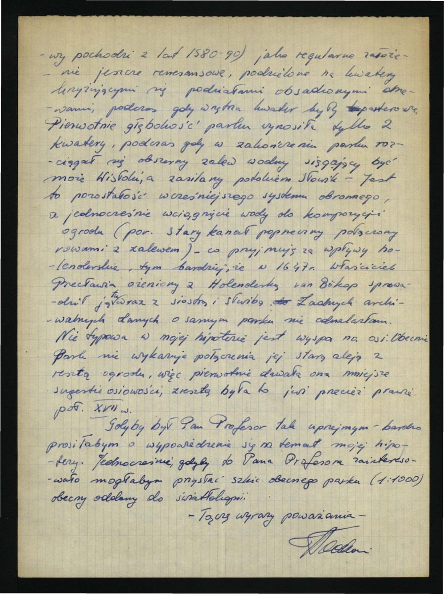 list nieznanego autora (podpis nieczytelny) do G. Ciołka dotyczący hipotezy o wpływach szkoły holenderskiej na miejscowe założenie ogrodowe w tej miejscowości , skan 2