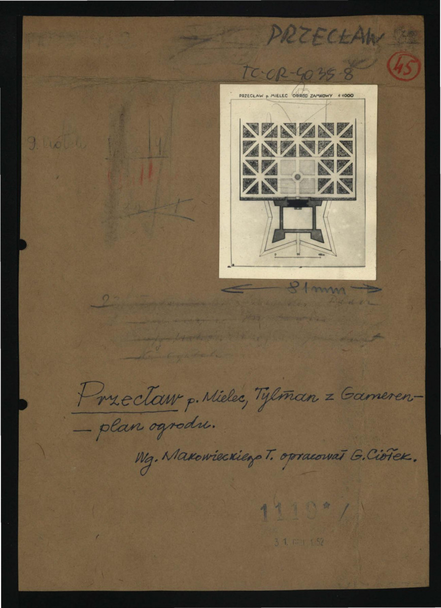 2 reprodukcje planu miejscowego ogrodu i zamku według T. Makowieckiego i G. Ciołka z 31 grudnia 1952 r.; dwie karty  , skan 1