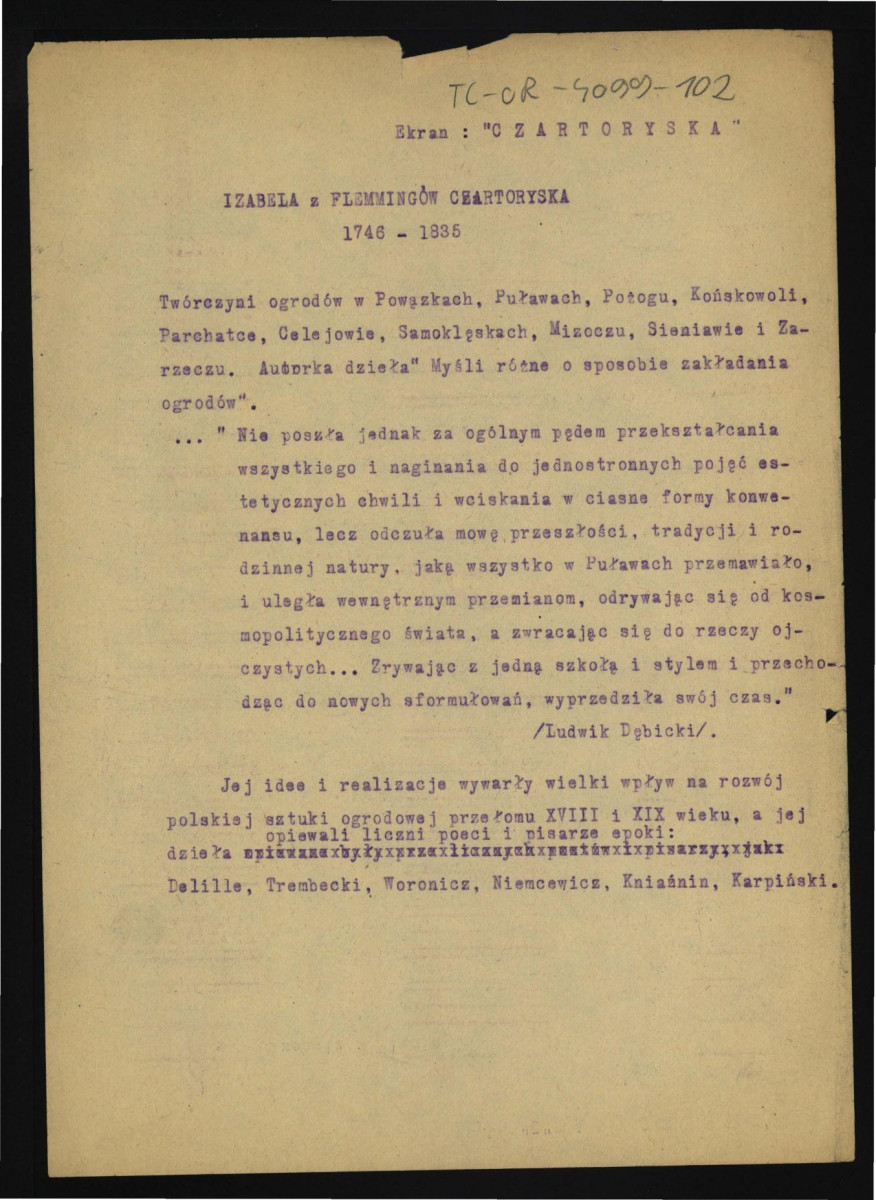 notatka dotycząca Izabelli z Flemingów Czartoryskiej na podst. Dębicki L., Puławy: monografia z życia towarzyskiego, politycznego i literackiego, Lwów 1887; prawdopodobnie użyta jako pomoc przy prelekcji tematycznej , skan 1