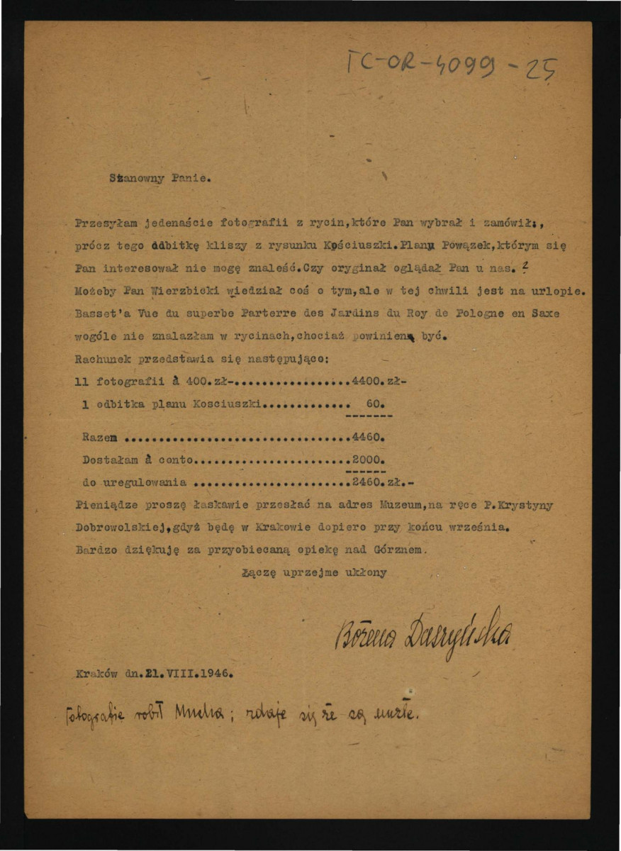 zawiadomienie ze strony Bożeny Daszyńskiej z 21 sierpnia 1946 r. o przesłaniu jedenastu fotografii rycin , skan 1
