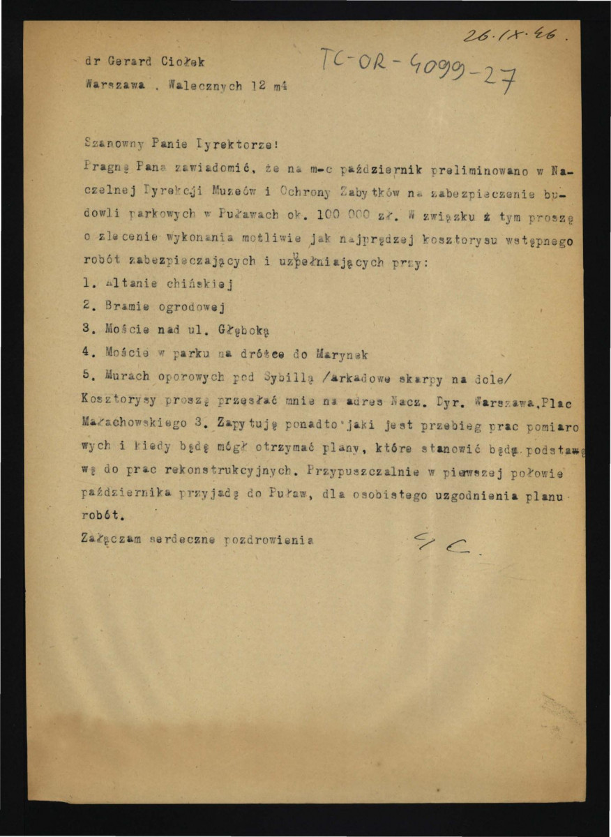 zawiadomienie ze strony G. Ciołka z 26 września 1946 r. dotyczące preliminacji środków finansowych na zabezpieczenie budynków parkowych w październiku tego roku oraz prośba dotyczący zlecenia wykononania kosztorysu wstępnego robót zabezpieczających , skan 1