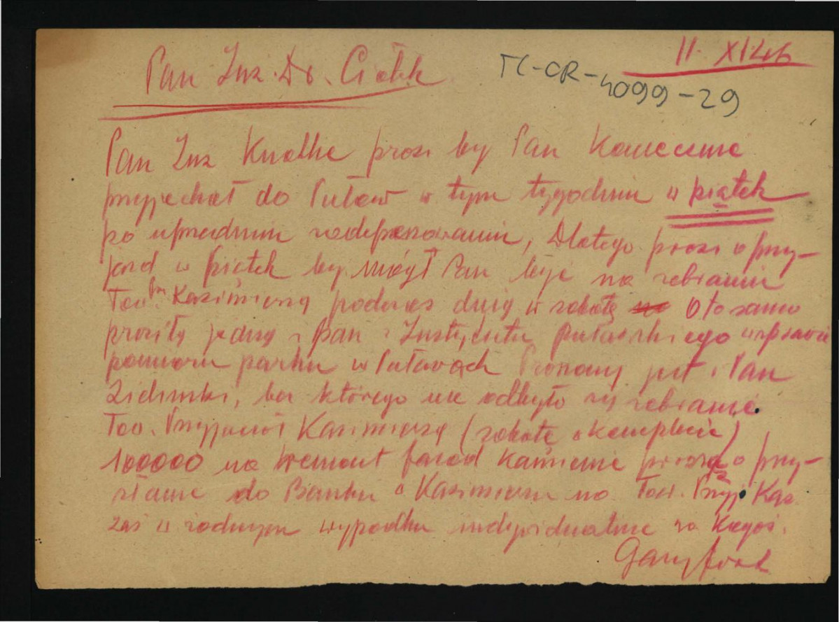 prośba z 11 listopada 1946 r. o przyjazd do Puław, skan 1