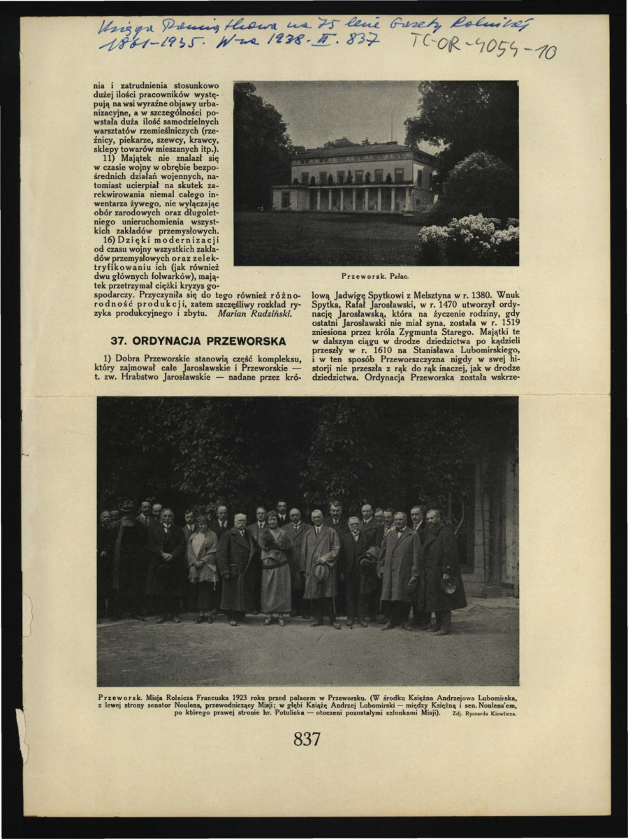 karta pochodząca z Księga Pamiątkowa na 75. lecie „Gazety Rolniczej” (1861-1935), t. II, Warszawa 1938, s. 837-838 zawierający tekst dotyczący ordynacji przeworskiej wraz z reprodukacjami fotografii, skan 1