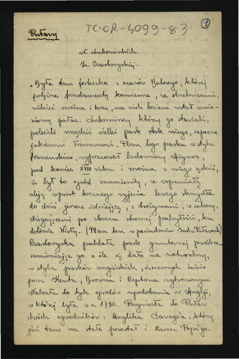wypis z Jankowski E., Dzieje ogrodnictwa polskiego w zarysie, Warszawa 1923, s. 100-105 i 107 dotyczący dziejów miejscowego ogrodu, tamtejszego drzewostanu, urządzeń parkowych, zabytkowych obiektów oraz pałacu; trzy karty , skan 1
