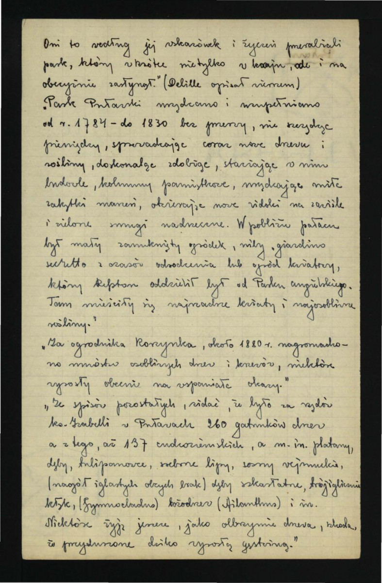 wypis z Jankowski E., Dzieje ogrodnictwa polskiego w zarysie, Warszawa 1923, s. 100-105 i 107 dotyczący dziejów miejscowego ogrodu, tamtejszego drzewostanu, urządzeń parkowych, zabytkowych obiektów oraz pałacu; trzy karty , skan 2