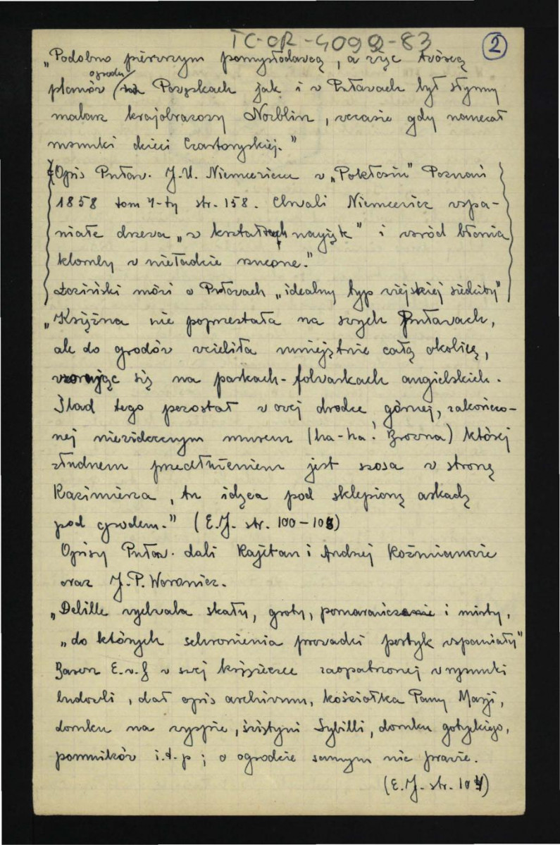wypis z Jankowski E., Dzieje ogrodnictwa polskiego w zarysie, Warszawa 1923, s. 100-105 i 107 dotyczący dziejów miejscowego ogrodu, tamtejszego drzewostanu, urządzeń parkowych, zabytkowych obiektów oraz pałacu; trzy karty , skan 3