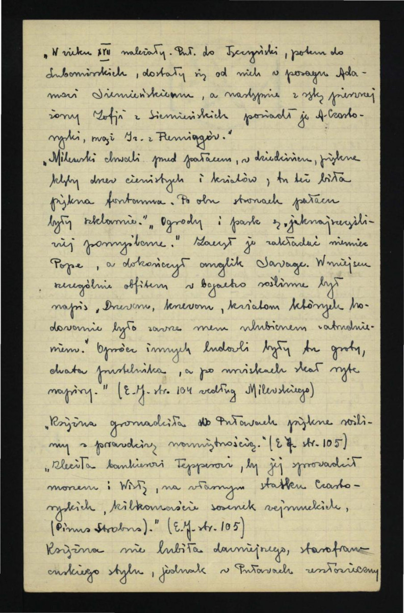 wypis z Jankowski E., Dzieje ogrodnictwa polskiego w zarysie, Warszawa 1923, s. 100-105 i 107 dotyczący dziejów miejscowego ogrodu, tamtejszego drzewostanu, urządzeń parkowych, zabytkowych obiektów oraz pałacu; trzy karty , skan 4