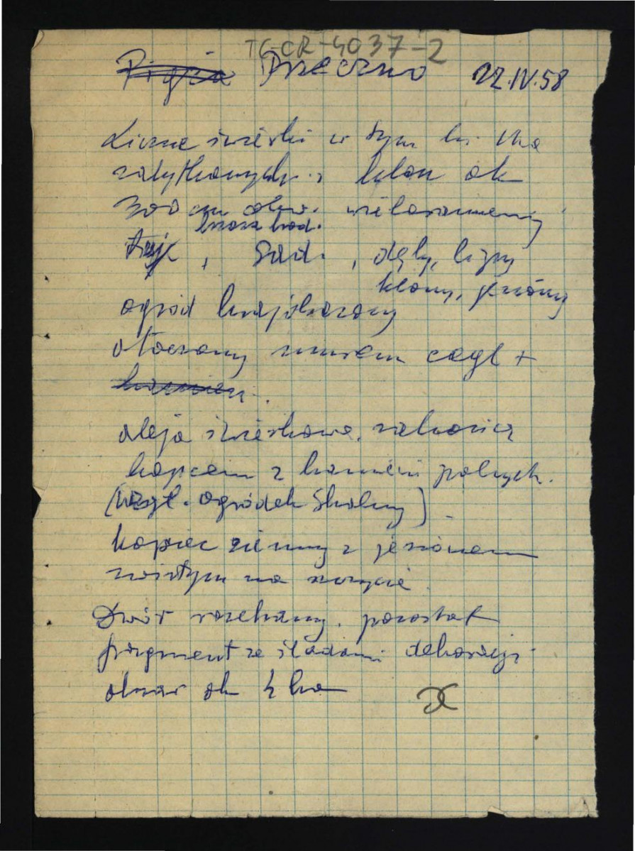 notatka z 22 kwietnia 1958 r. sporządzona przez G. Ciołka być może na podst. wizji loklanej; informacja dotycząca miejscowego ogrodu krajobrazownego, tamtejszego drzewostanu oraz dworu , skan 1