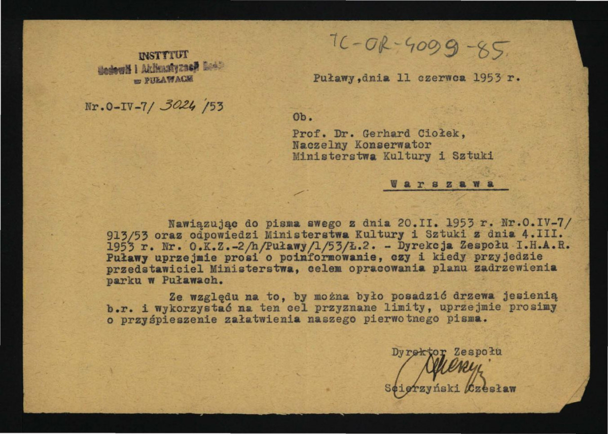 prośba z 11 czerwca 1933 r. ze strony Czesława Scierzyńskiego do G. Ciołka o poinformowanie co do ewentualnego przybycia do tej miejscowości przedstawiciela ministerstwa w celu opracowania planu zadrzewienia w miejscowym parku , skan 1