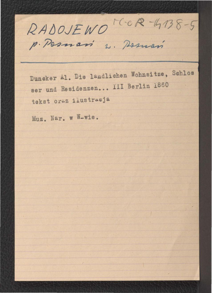 karta opisowa do fotografii reprodukcji rycin zamieszczonych w Duncker A., Die Landlichen Wohnsitze, Schlosser und Residenzen …, t. III, Berlin 1860 , skan 1