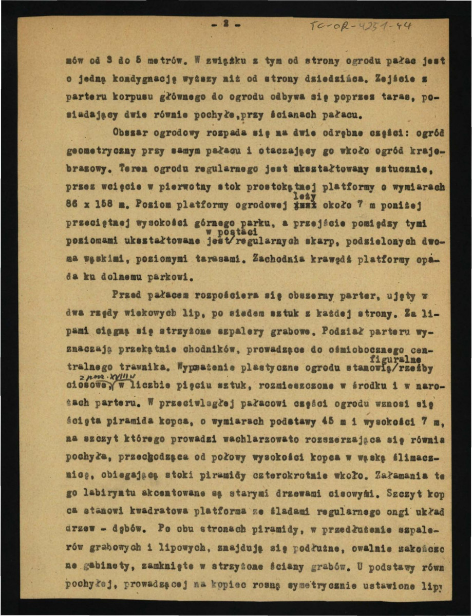 opinia w sprawie terenów ogrodowych w tej miejscowości sporządzona przez G. Ciołka w 1949 r. dotyczący miejscowego ogrodu; pięć kart, skan 2