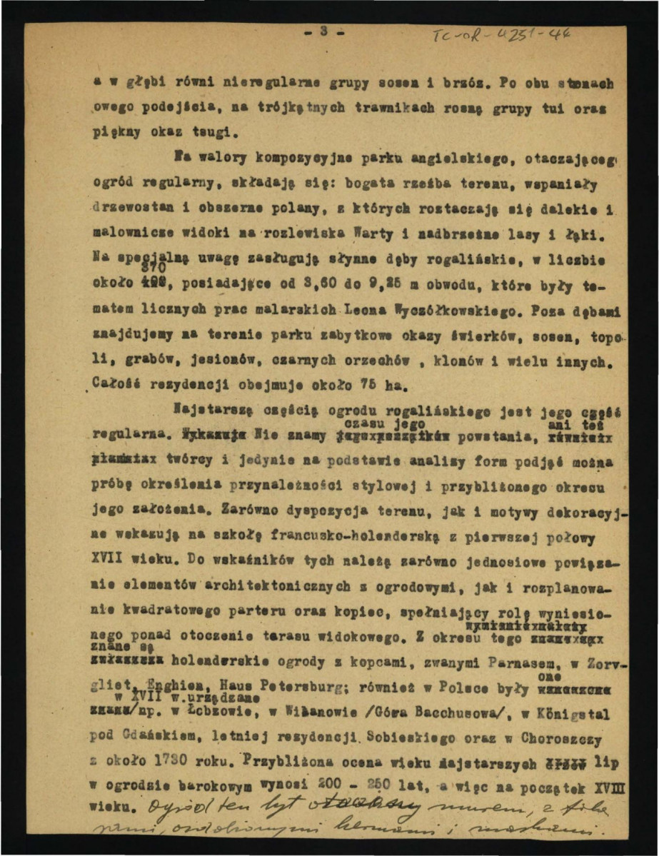 opinia w sprawie terenów ogrodowych w tej miejscowości sporządzona przez G. Ciołka w 1949 r. dotyczący miejscowego ogrodu; pięć kart, skan 3