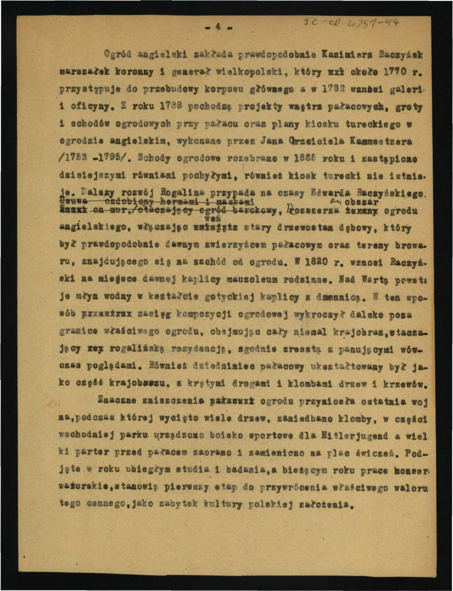opinia w sprawie terenów ogrodowych w tej miejscowości sporządzona przez G. Ciołka w 1949 r. dotyczący miejscowego ogrodu; pięć kart, skan 4