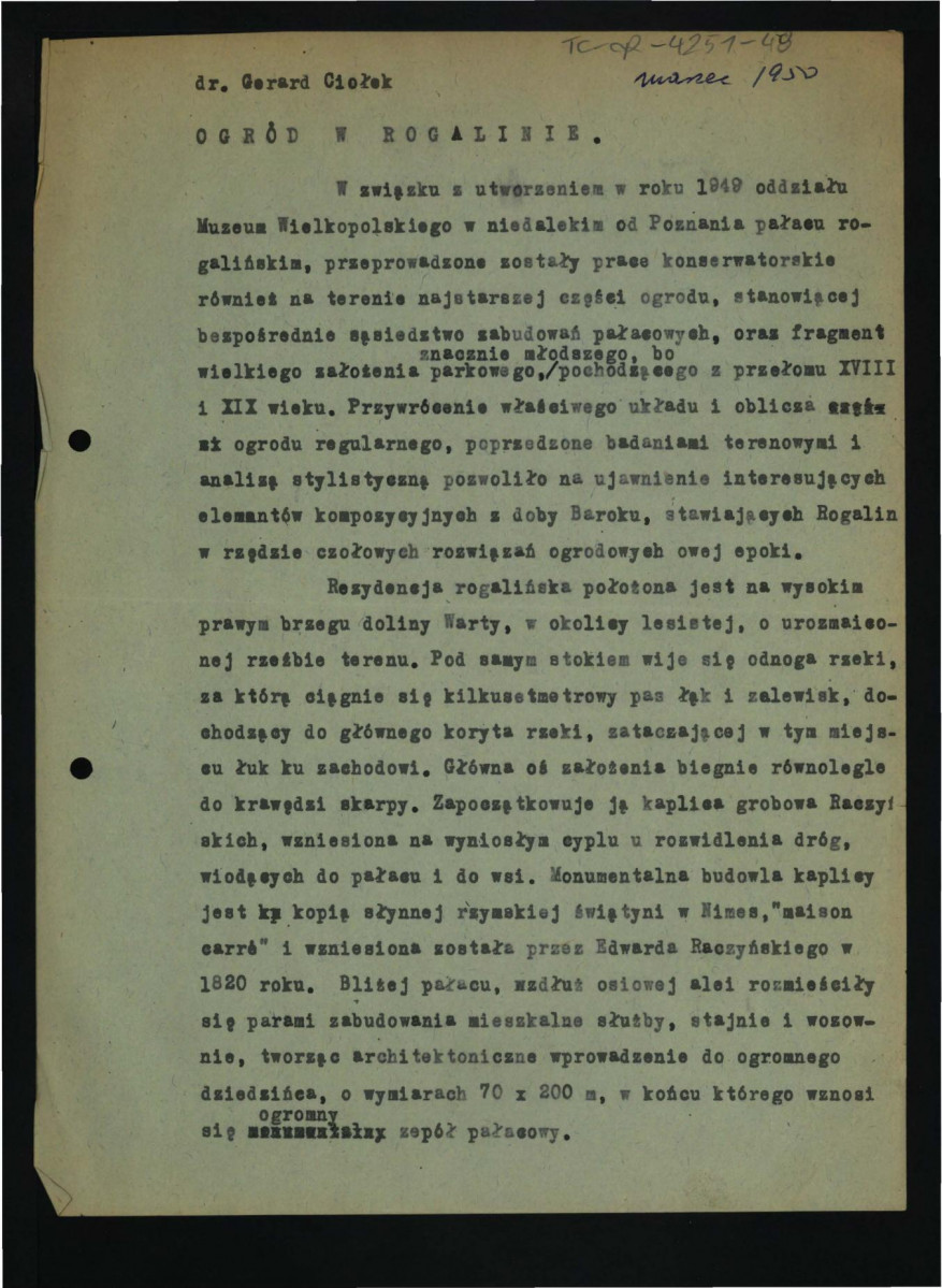 fragment tekstu z 1950 r. dotyczący rekonstrukcji miejscowego ogrodu , skan 1