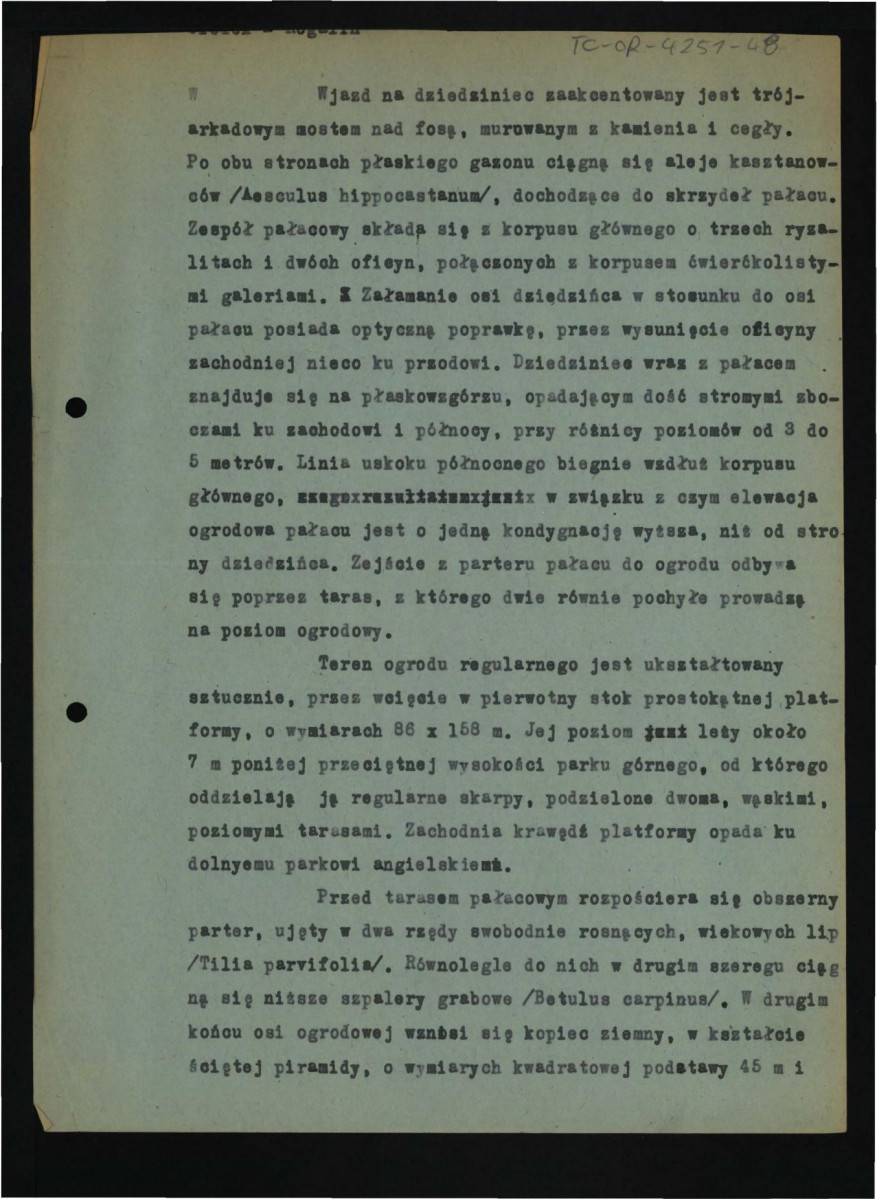 fragment tekstu z 1950 r. dotyczący rekonstrukcji miejscowego ogrodu , skan 2