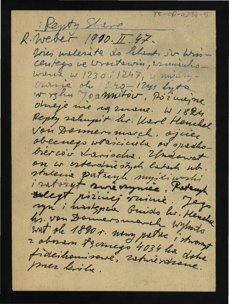 wypis z Weber R., Schlesische Schloesser, t. II, Drezno-Wrocław 1910, s. 47 dotyczący m.in. przynależności miejscowej wioski do klasztoru św. Wincentego we Wrocławiu wzmiankowanej źródłowo w latach 1230-1247, skan 1