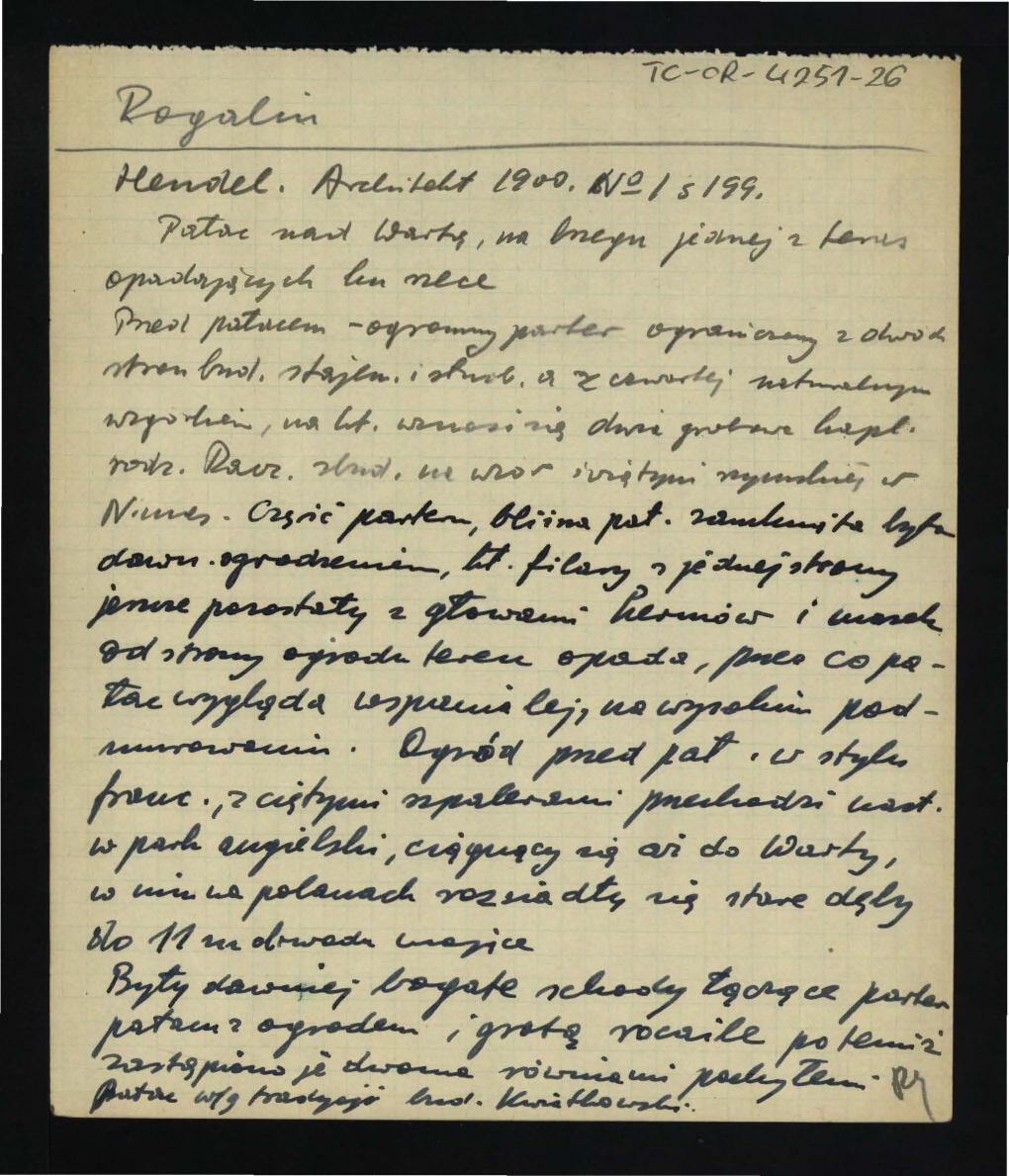 wypis z „Architektura” nr 1 (1900), s. 199 zawierający tekst autorstwa Hendela dotyczący miejscowego pałacu i ogrodu, skan 1