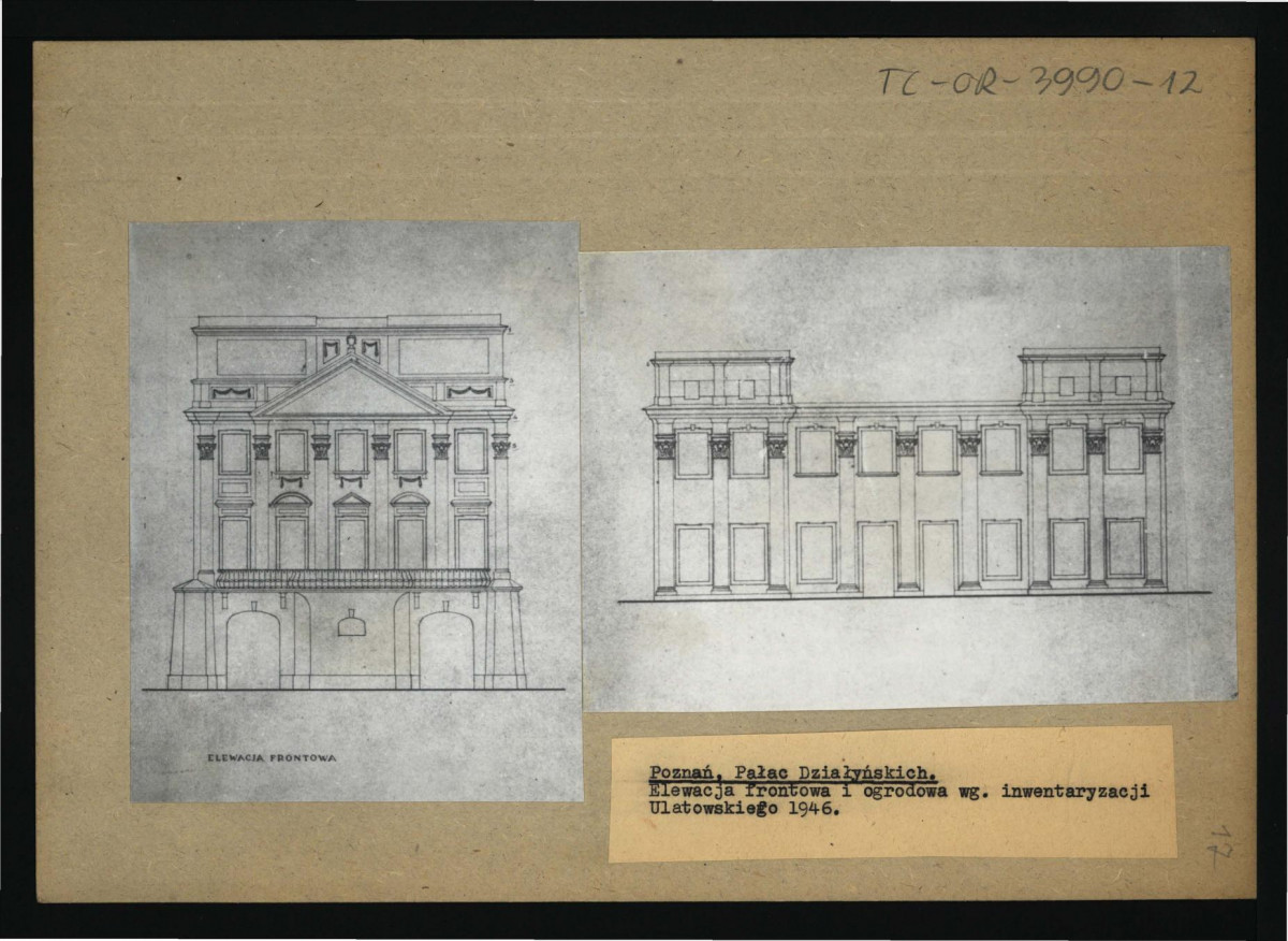 2 fotografie czarno-białe przedstawiające elewację frontową i ogrodową pałacu według inwentaryzacji Ulatowskiego z 1946 r., skan 1