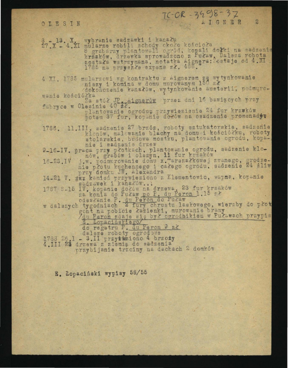 Wypis z AGAD - Rachunki ogólne expensów w Olesinie w latach 1784-1787, skan 2