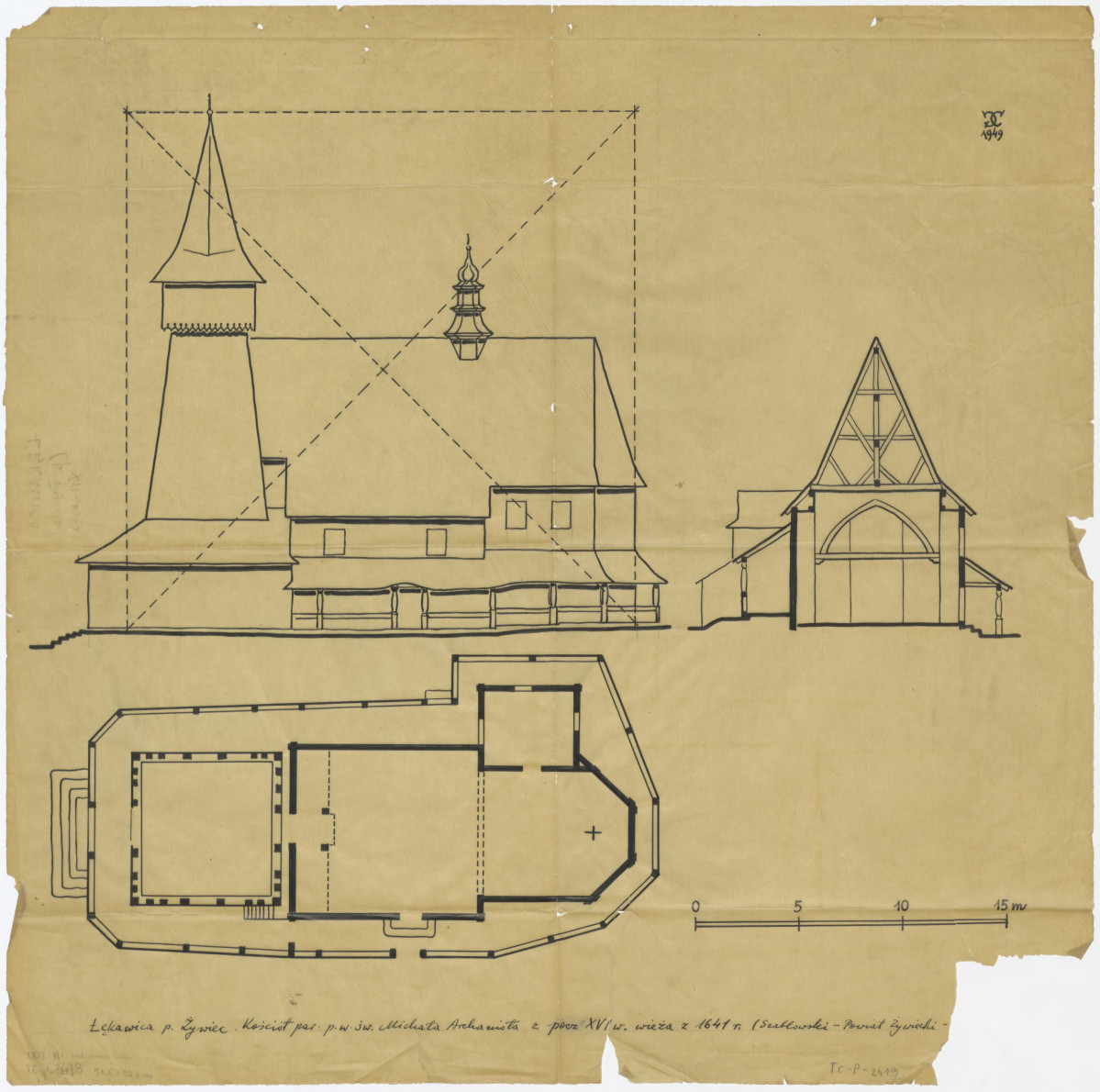 rzuty, przekrój poprzeczny, elewacja boczna. Napisy: Łękawica p. Żywiec. Kościół parafialny pw. św. Michała Archanioła z początku XVI w. wieża z 1641 roku. /Szablowski - Powiat Żywiecki-/, skan 1