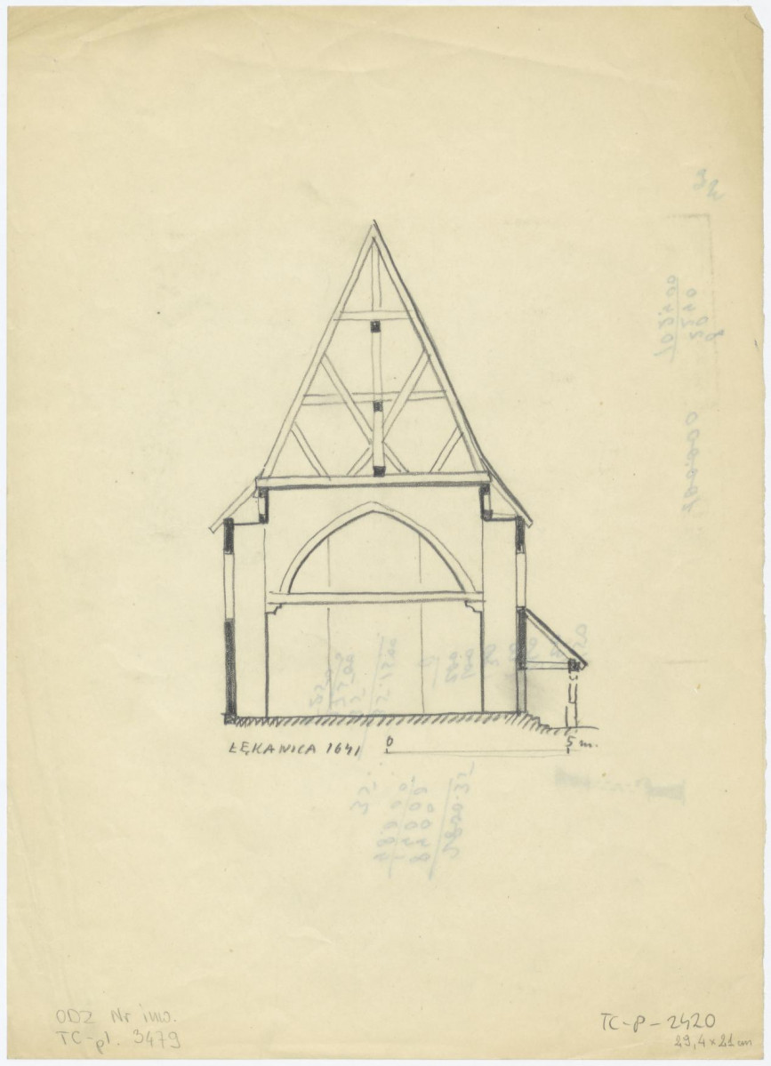przekrój poprzeczny. Napis: Łękawica 1641. Na odwrocie obliczenia, skan 1