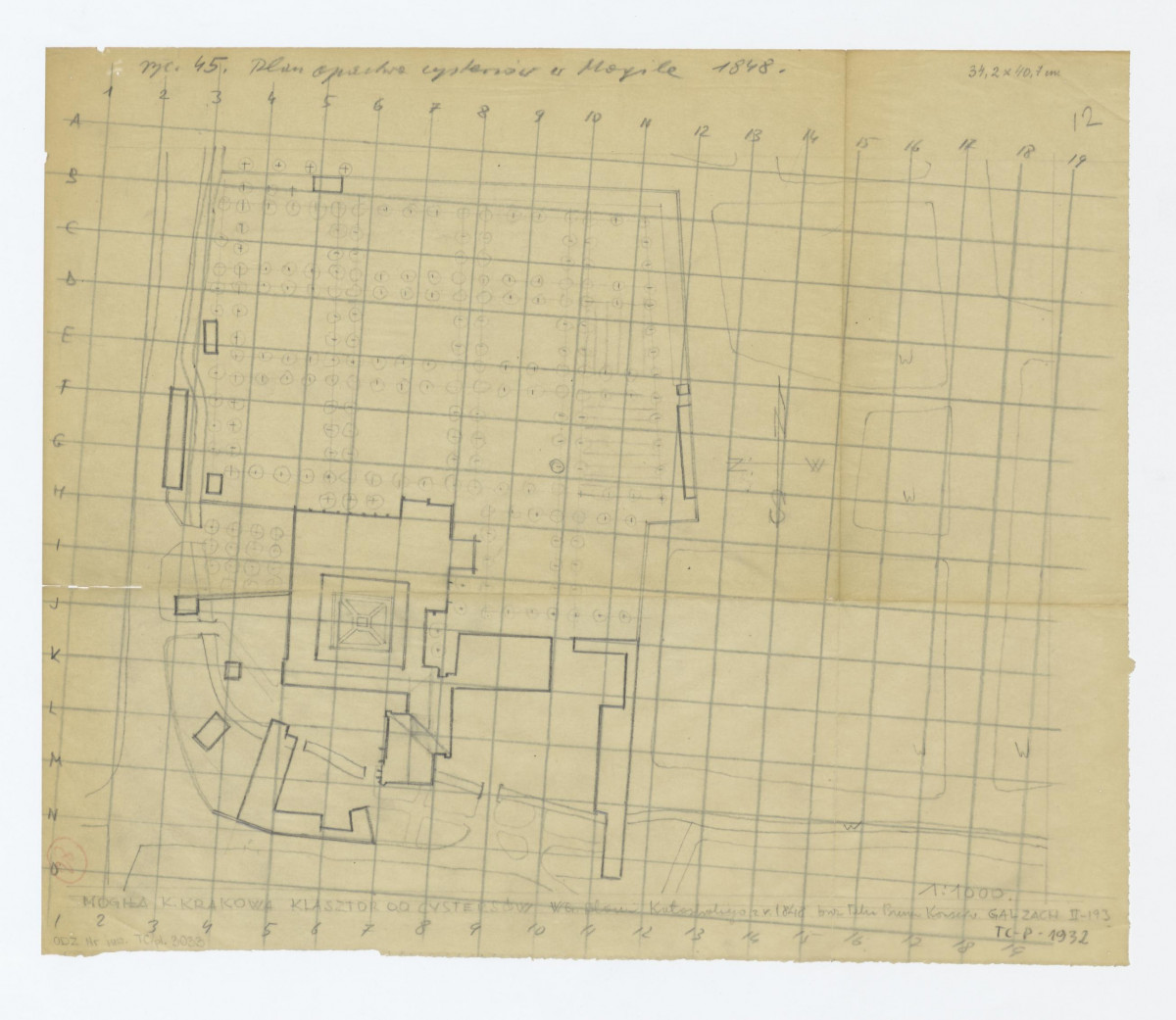 plan sytuacyjny opactwa /według planu katastralnego z roku 1848 oraz teki Biura Konserwatora Galicja Zachodnia II - 193/, skan 1