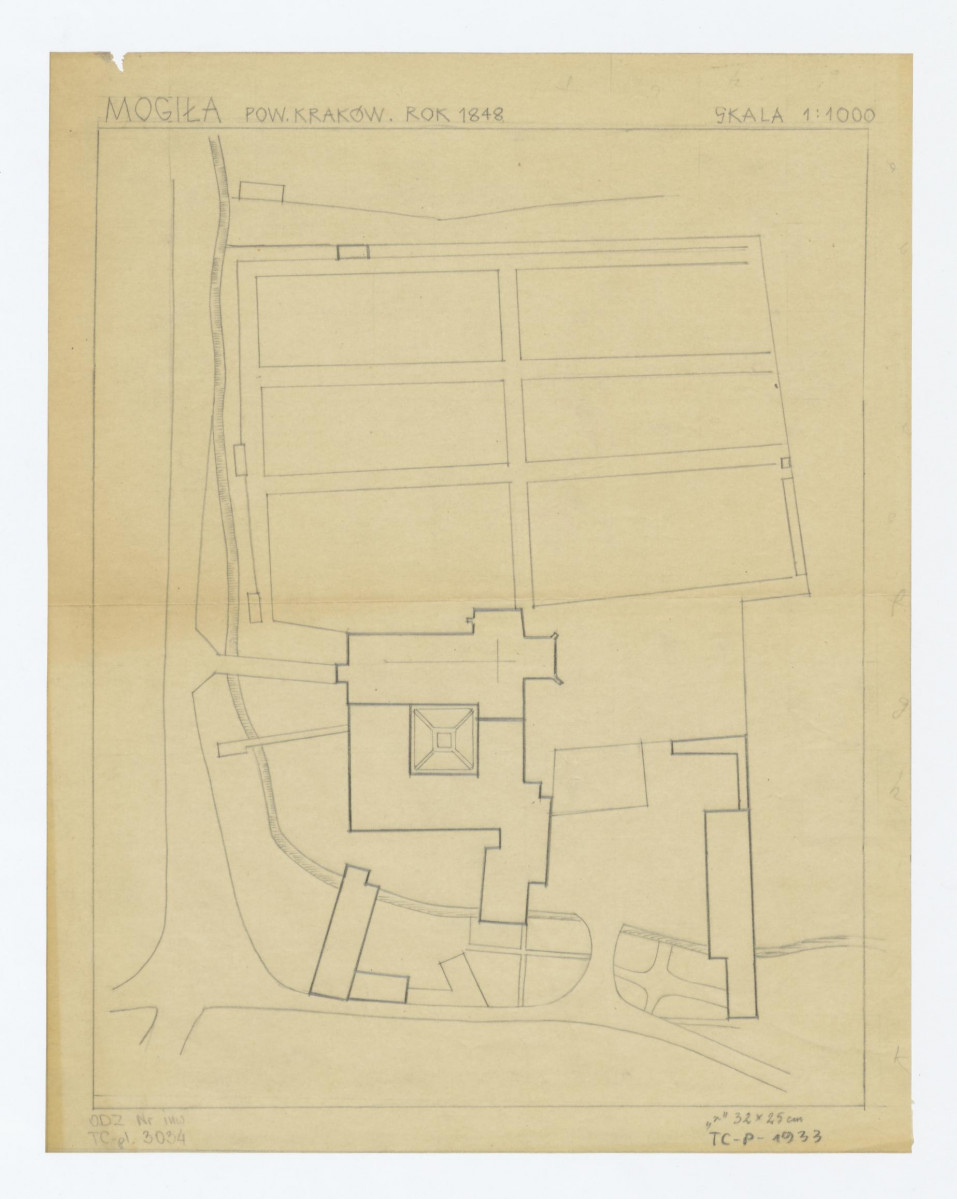 plan sytuacyjny klasztoru z kościołem, zabudowaniami i ogrodami klasztornymi z 1848 roku, skan 1