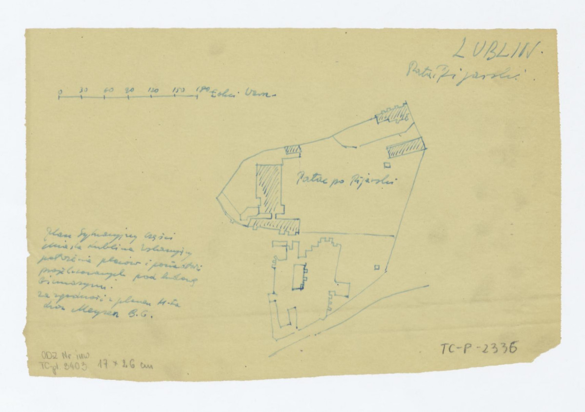 plan sytuacyjny części miasta Lublina wskazującym położenie placów i posiadłości projektowanych pod budowę gimnazjum - Pałac Pijarski, skan 1