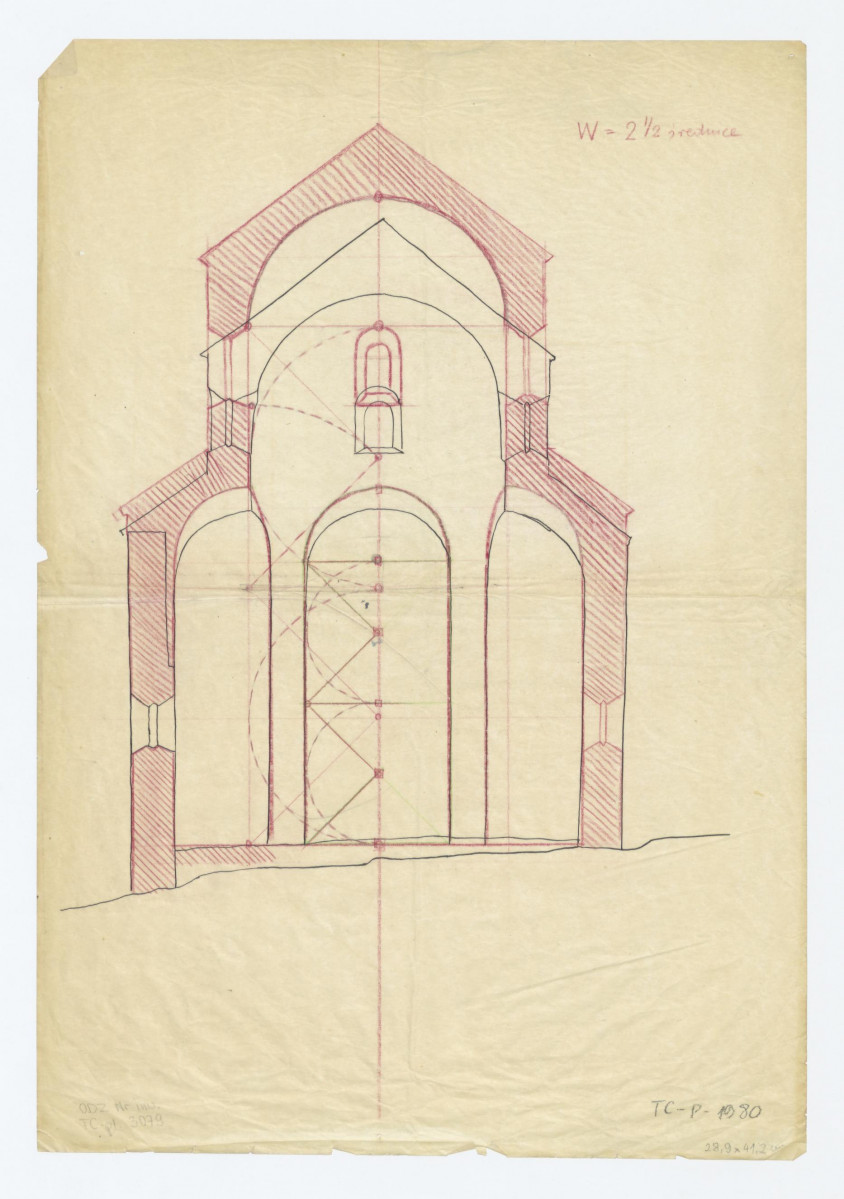 przekrój ze studium proporcji. Napisy: W = 2 1/2 średnice, skan 1