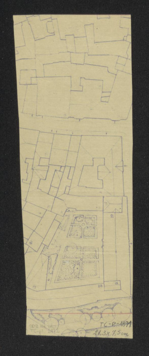plan sytuacyjny klasztoru z kościołem, zabudowaniami i ogrodem klasztornym, skan 1