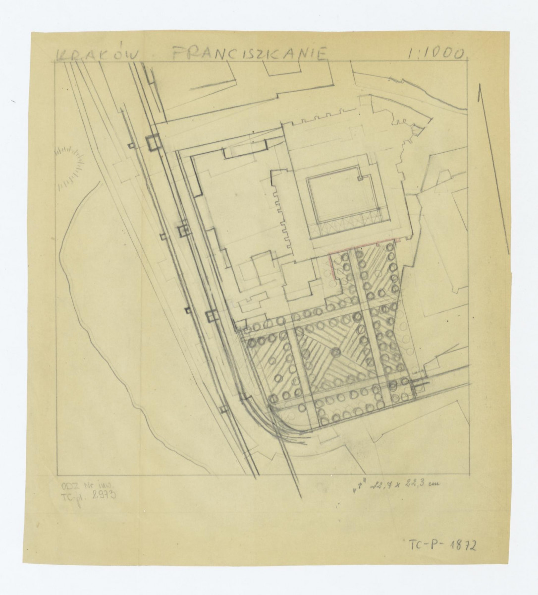 plan sytuacyjny klasztoru z kościołem, zabudowaniami i ogrodem klasztornym, skan 1