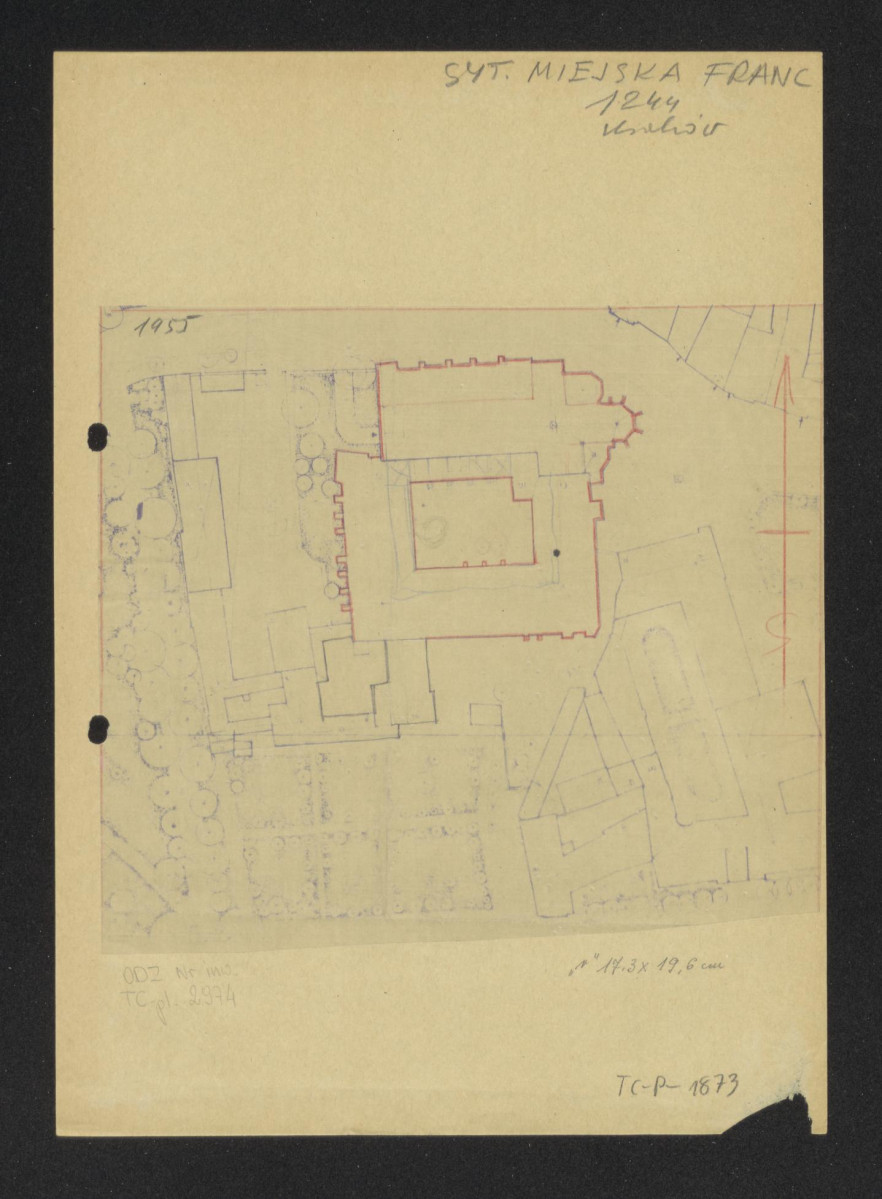 plan sytuacyjny klasztoru z kościołem, zabudowaniami i ogrodem klasztornym /pomiar z 1955 roku/, skan 1